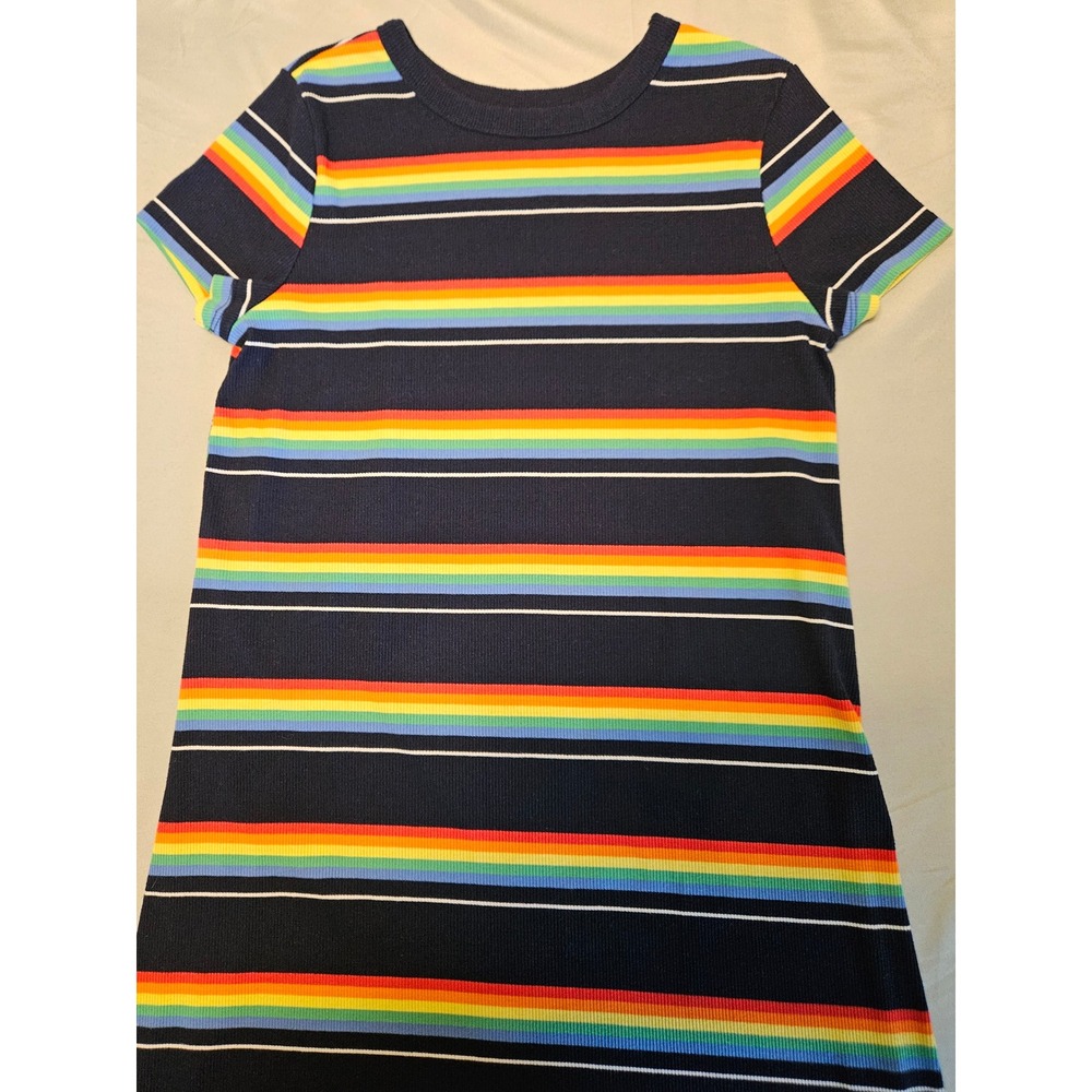 SO T-Shirt Dress Womens L Navy Blue Rainbow Stripe Ribbed Mini KALSTP NY L‎